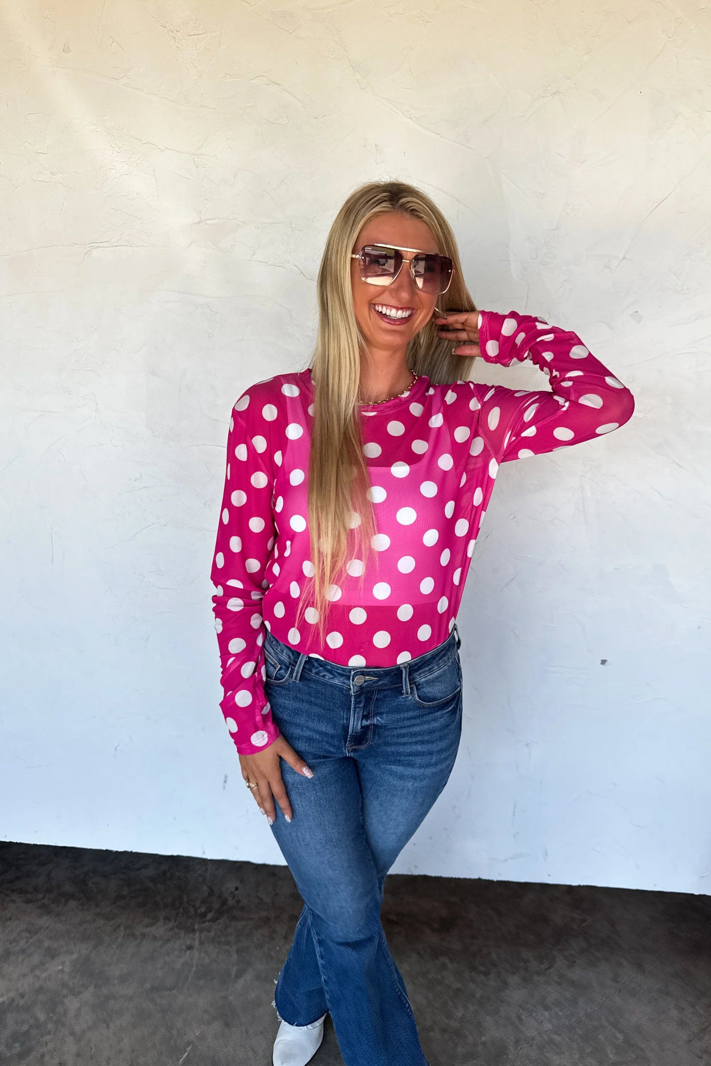 Pink/White Polka Dot Mesh Top