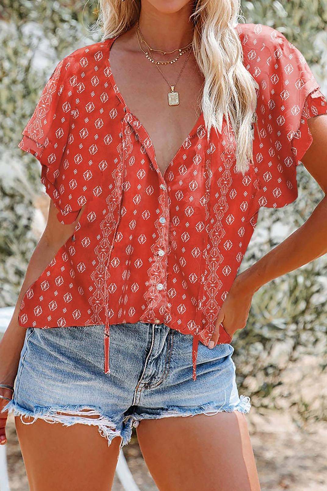 Red Aztec Flutter Sleeve Blouse - Holden Hearts