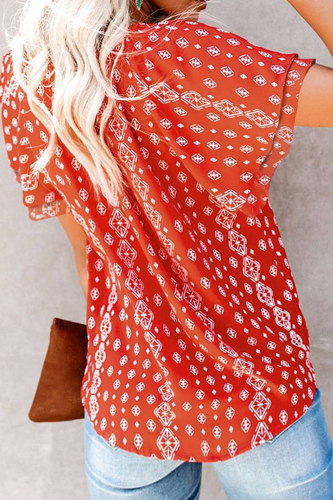 Red Aztec Flutter Sleeve Blouse - Holden Hearts