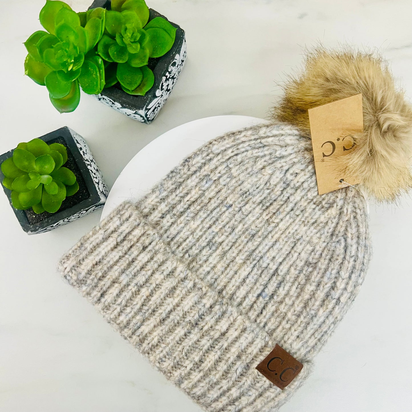 Soft Ribbed Fur Pom C.C Beanie HAT2074