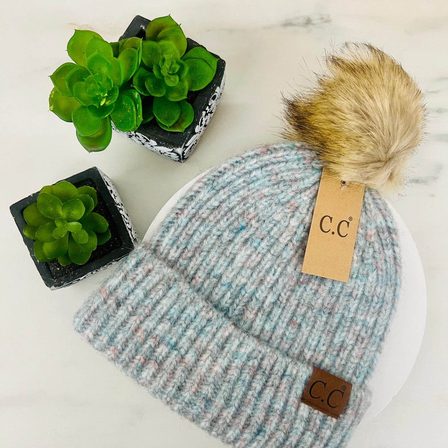Soft Ribbed Fur Pom C.C Beanie HAT2074