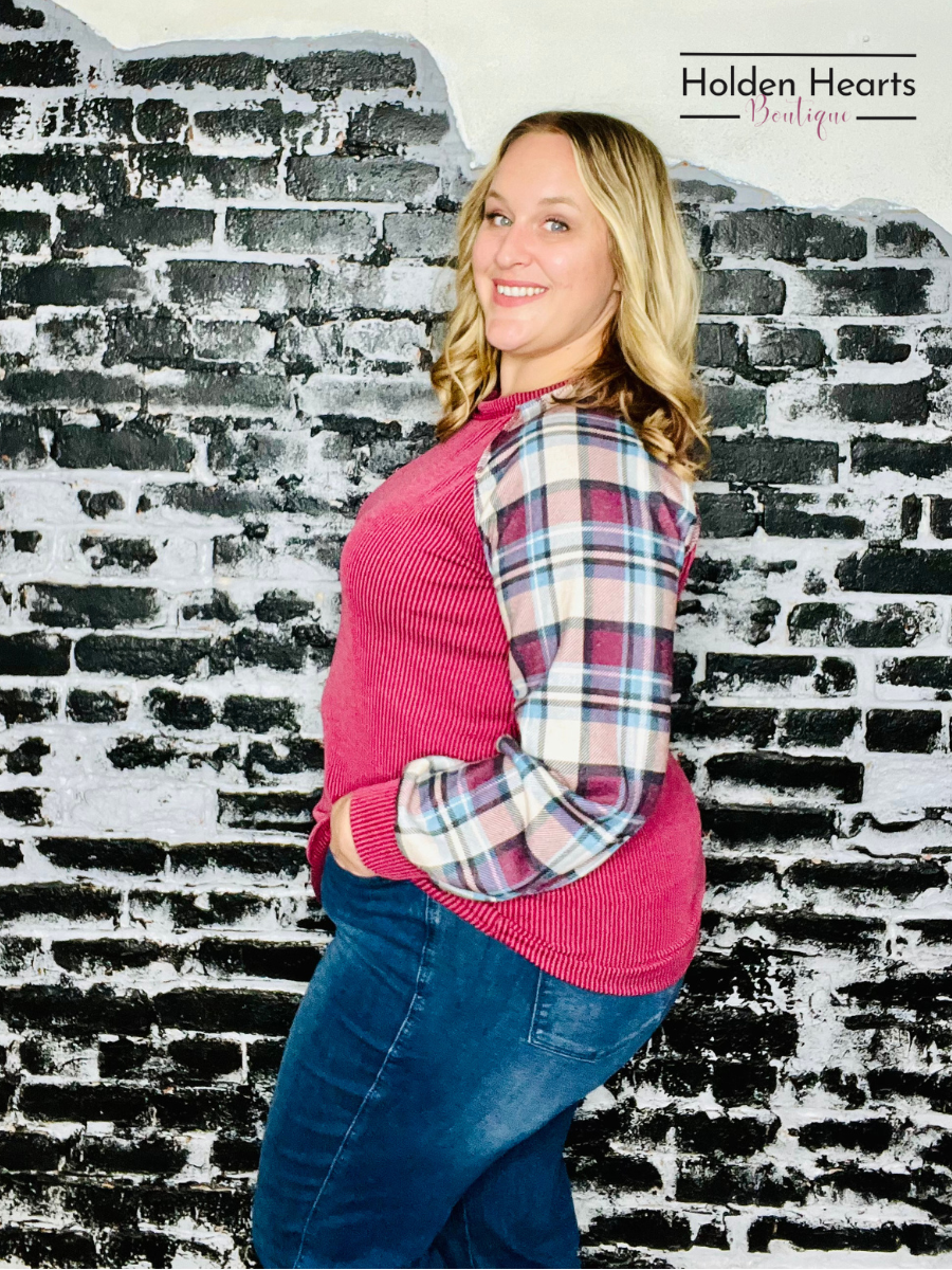 Burgundy Urban Ribbed And Plaid Top - Holden Hearts