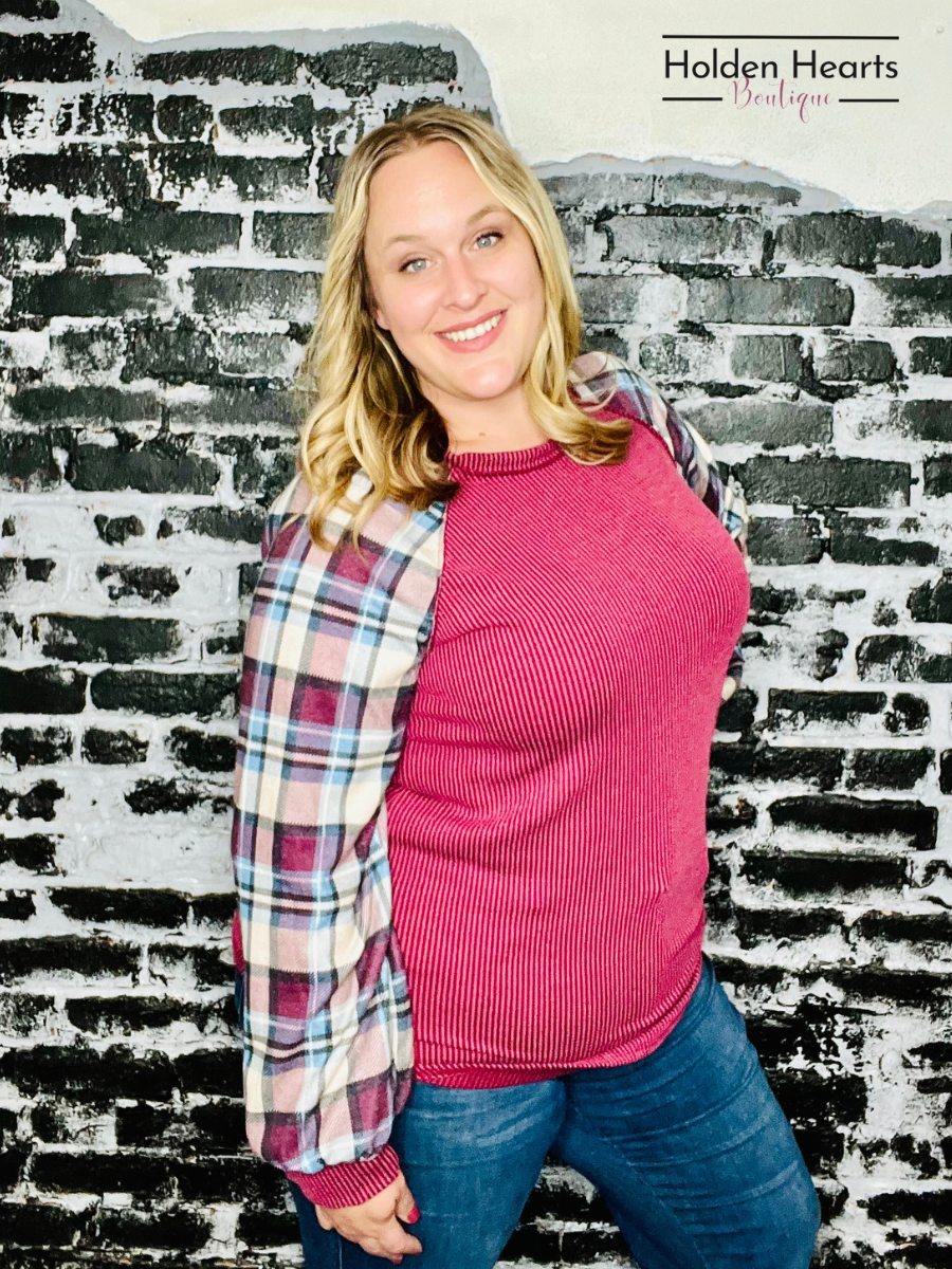 Burgundy Urban Ribbed And Plaid Top - Holden Hearts