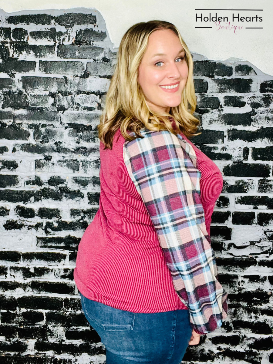 Burgundy Urban Ribbed And Plaid Top - Holden Hearts