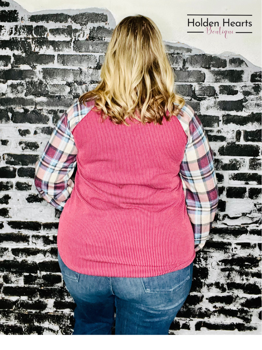 Burgundy Urban Ribbed And Plaid Top - Holden Hearts