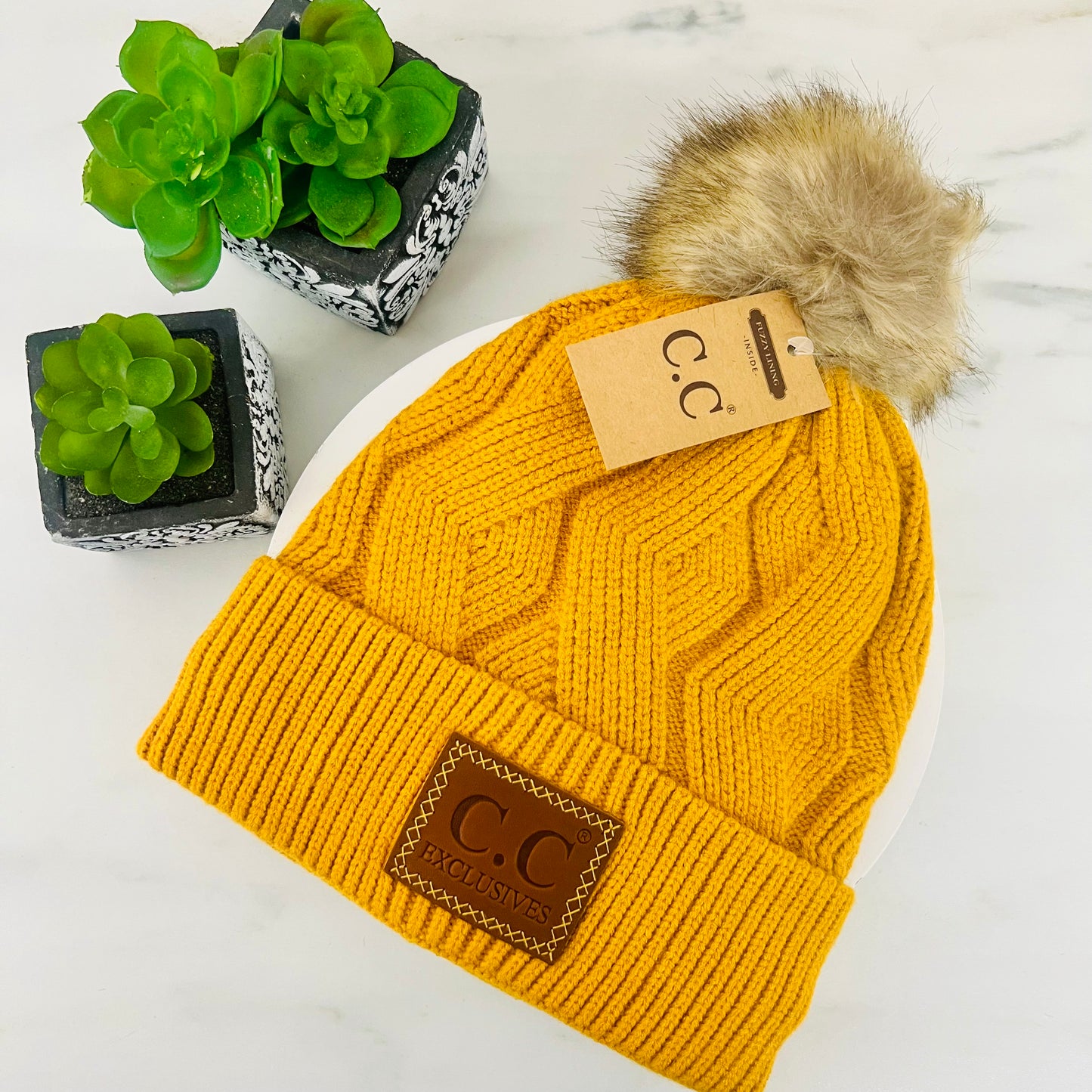Geometric Knit Faux Fur Pom Beanie HAT2298