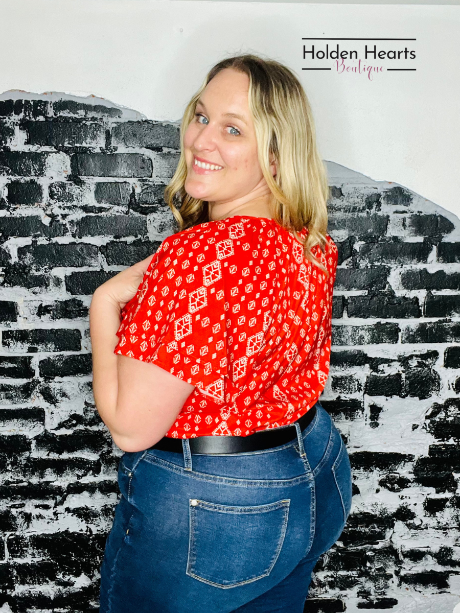 Red Aztec Flutter Sleeve Blouse - Holden Hearts
