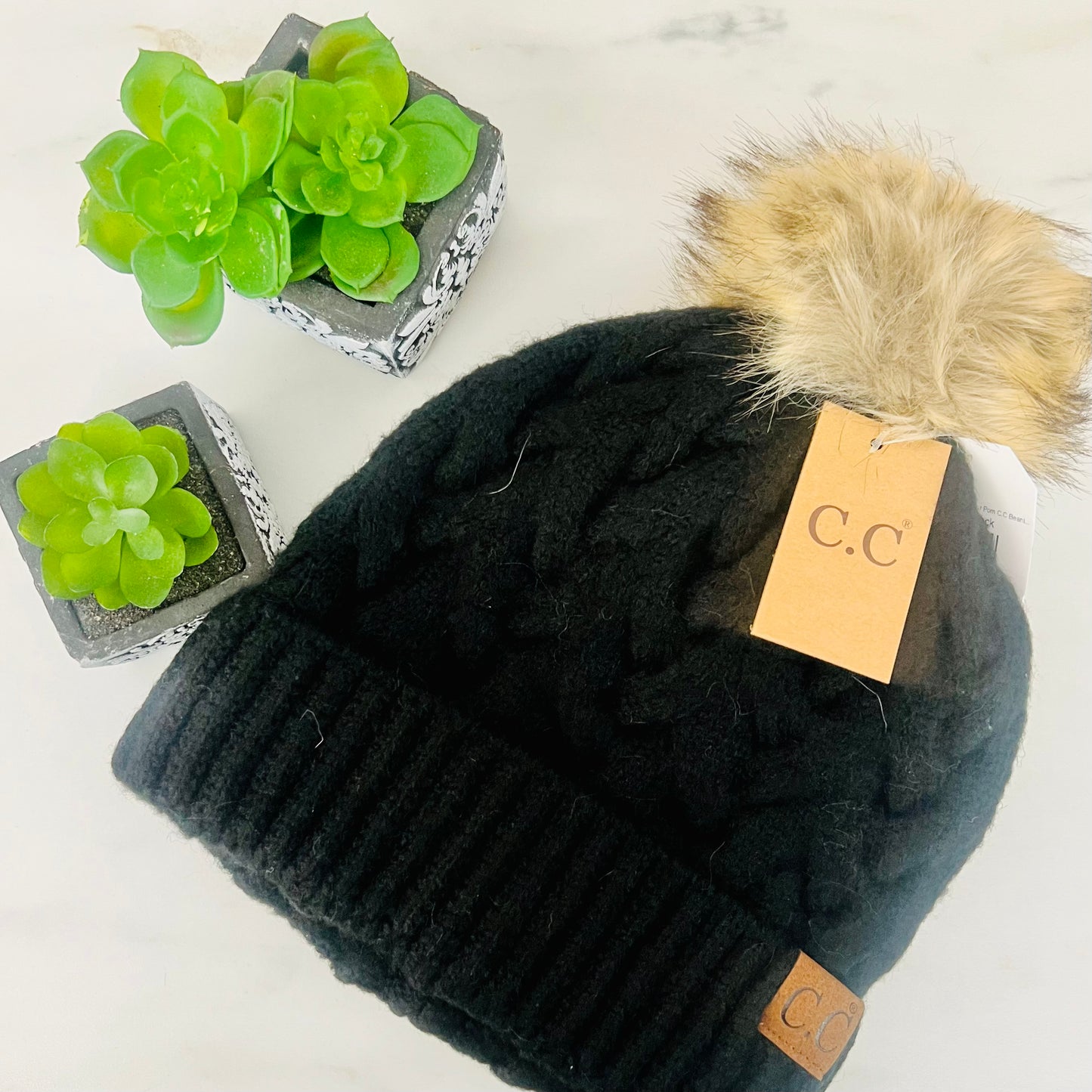 Chunky Braided Cable Knit Fur Pom C.C Beanie HAT7384