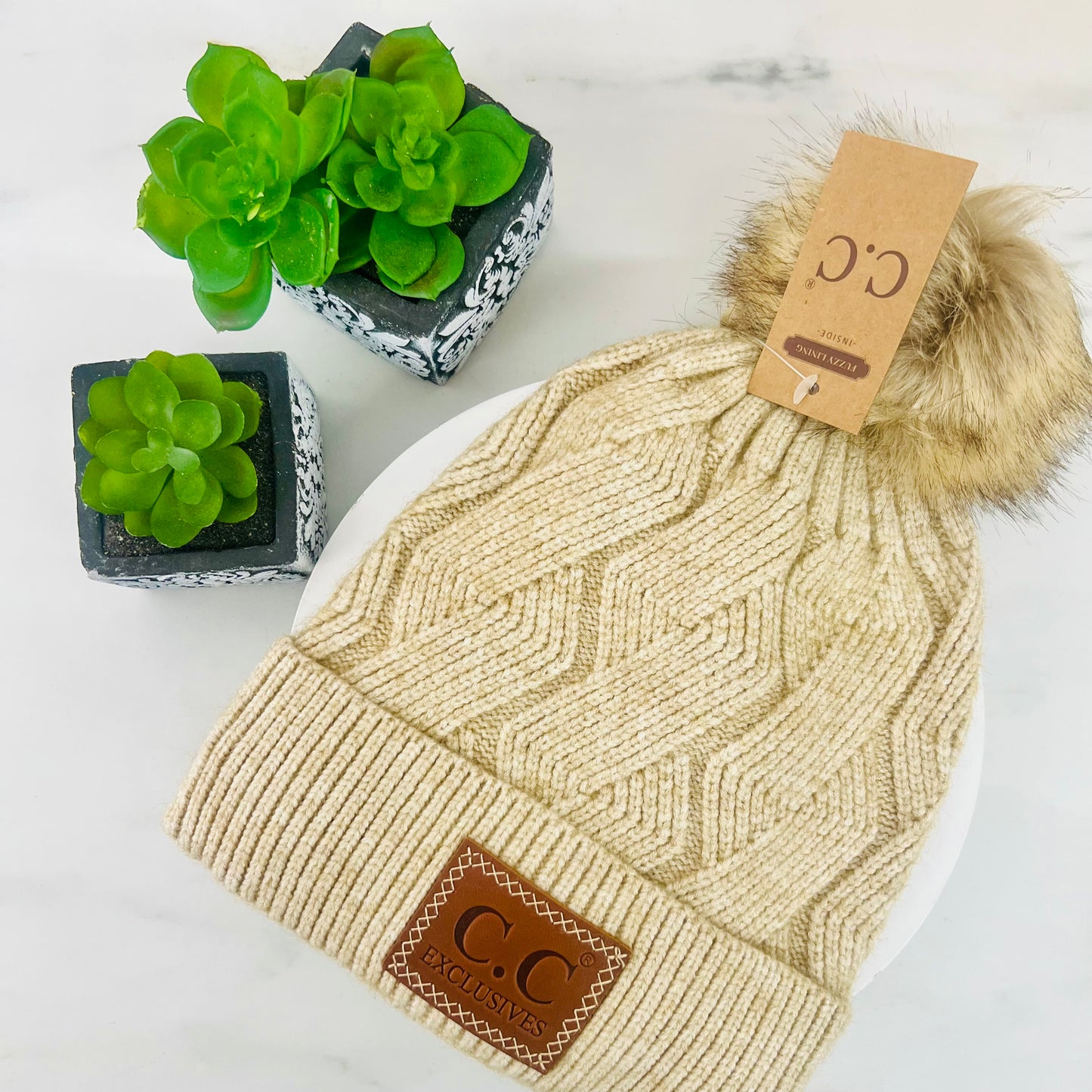 Geometric Knit Faux Fur Pom Beanie HAT2298