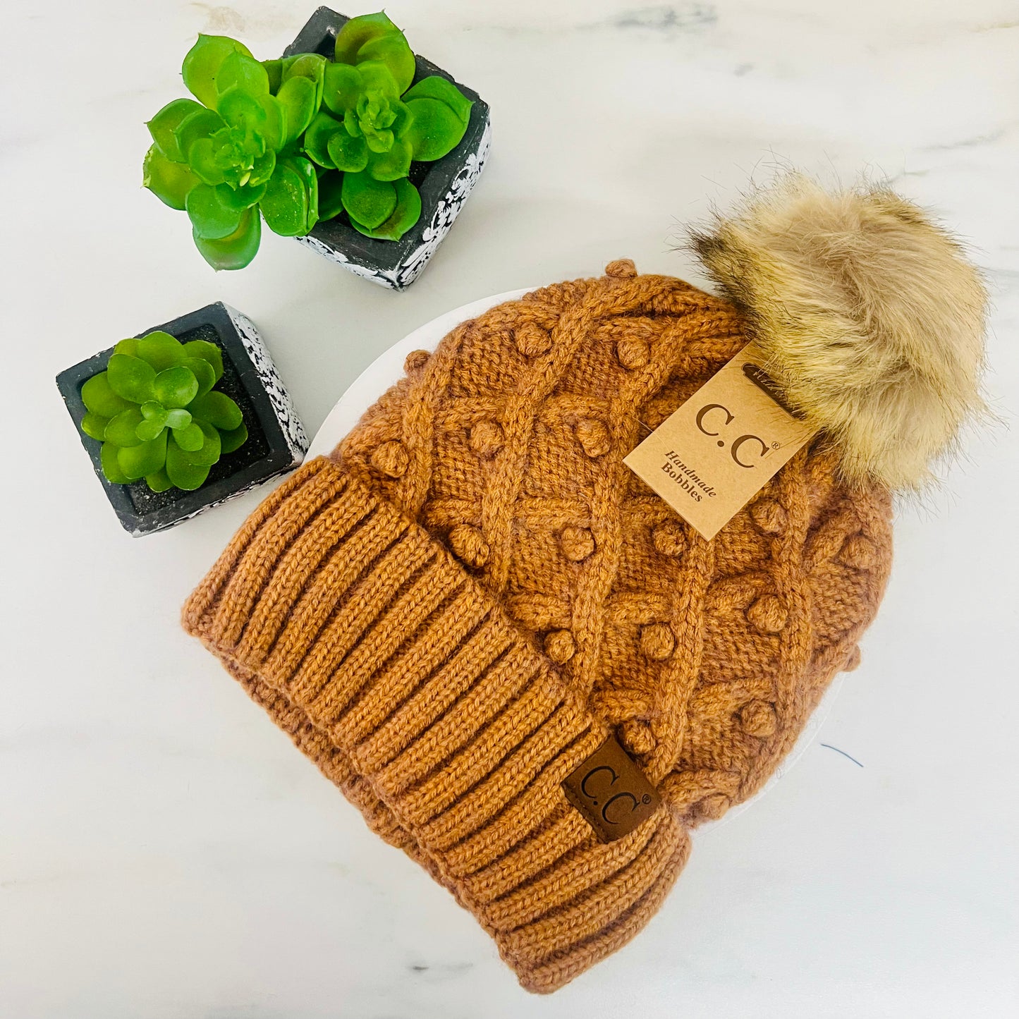 Bobble Knit Fur Pom C.C Beanie HAT3836
