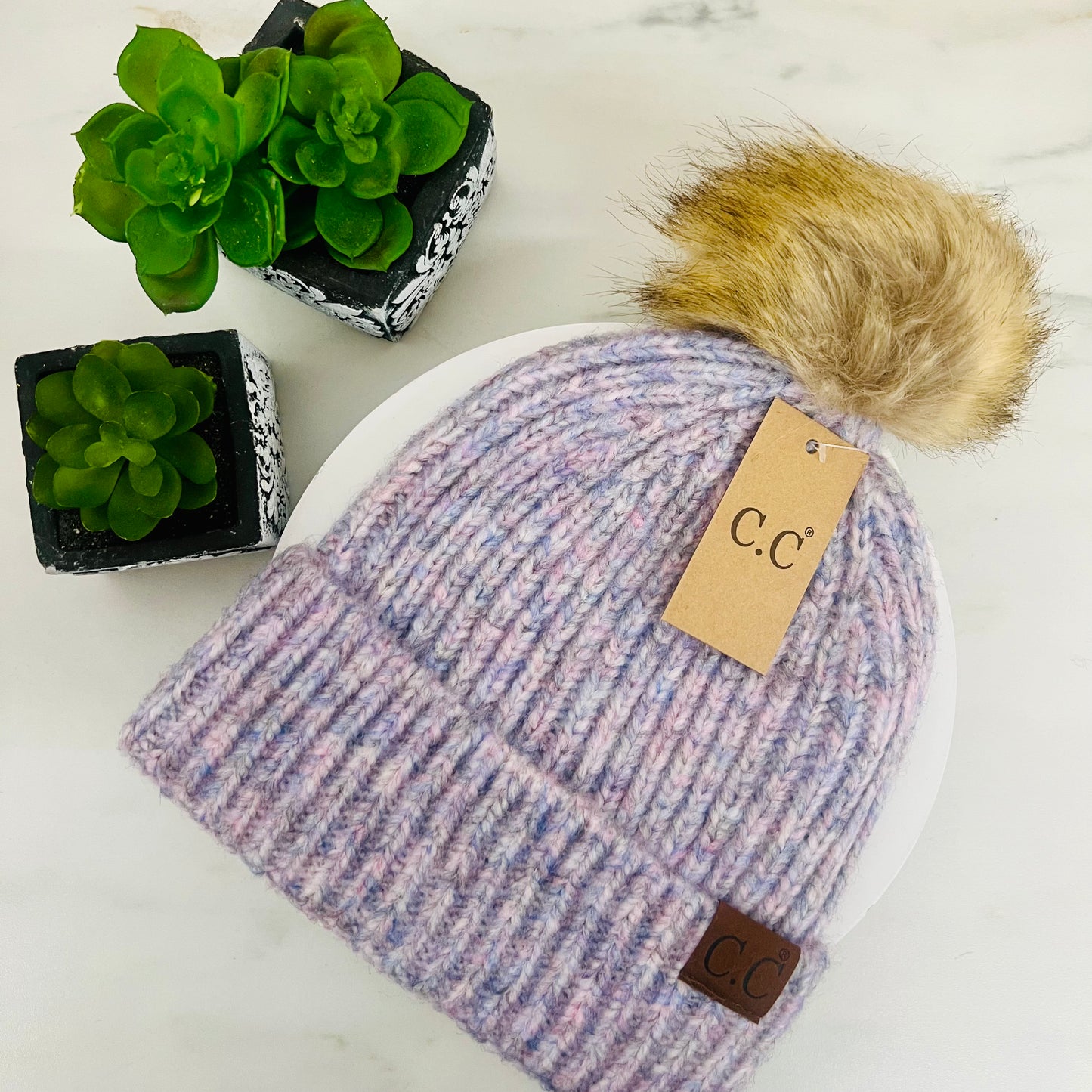 Soft Ribbed Fur Pom C.C Beanie HAT2074