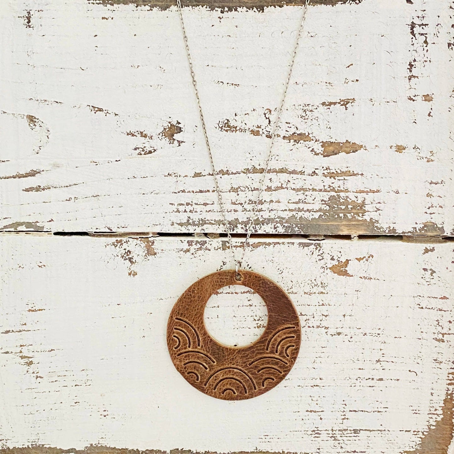 Necklace: Embossed Large Rainbow Circle Vintage Cowboy Brown - Holden Hearts