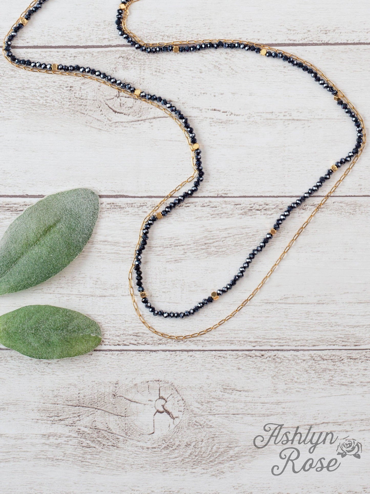 Glitz, Glam, Simple Strands Double Beaded Navy Blue Necklace with A Gold Chain - Holden Hearts