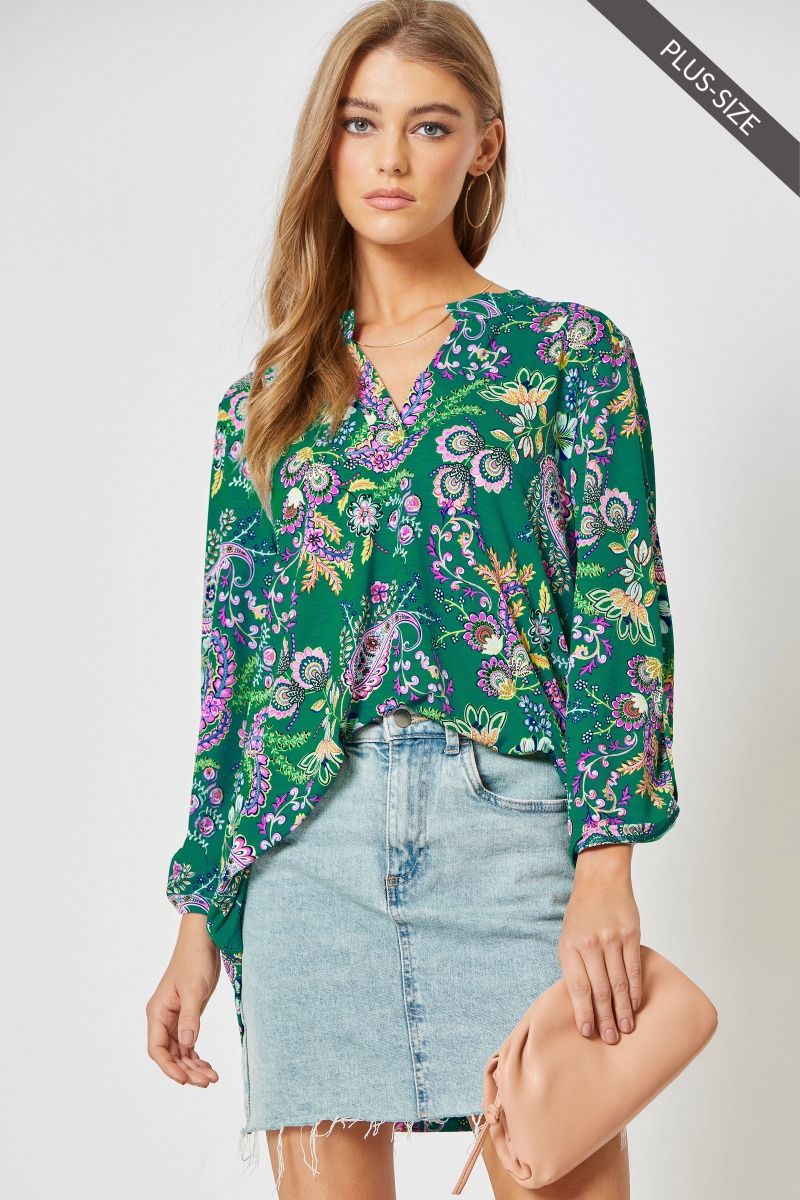 Green Floral Lizzy 3/4 Sleeve Top