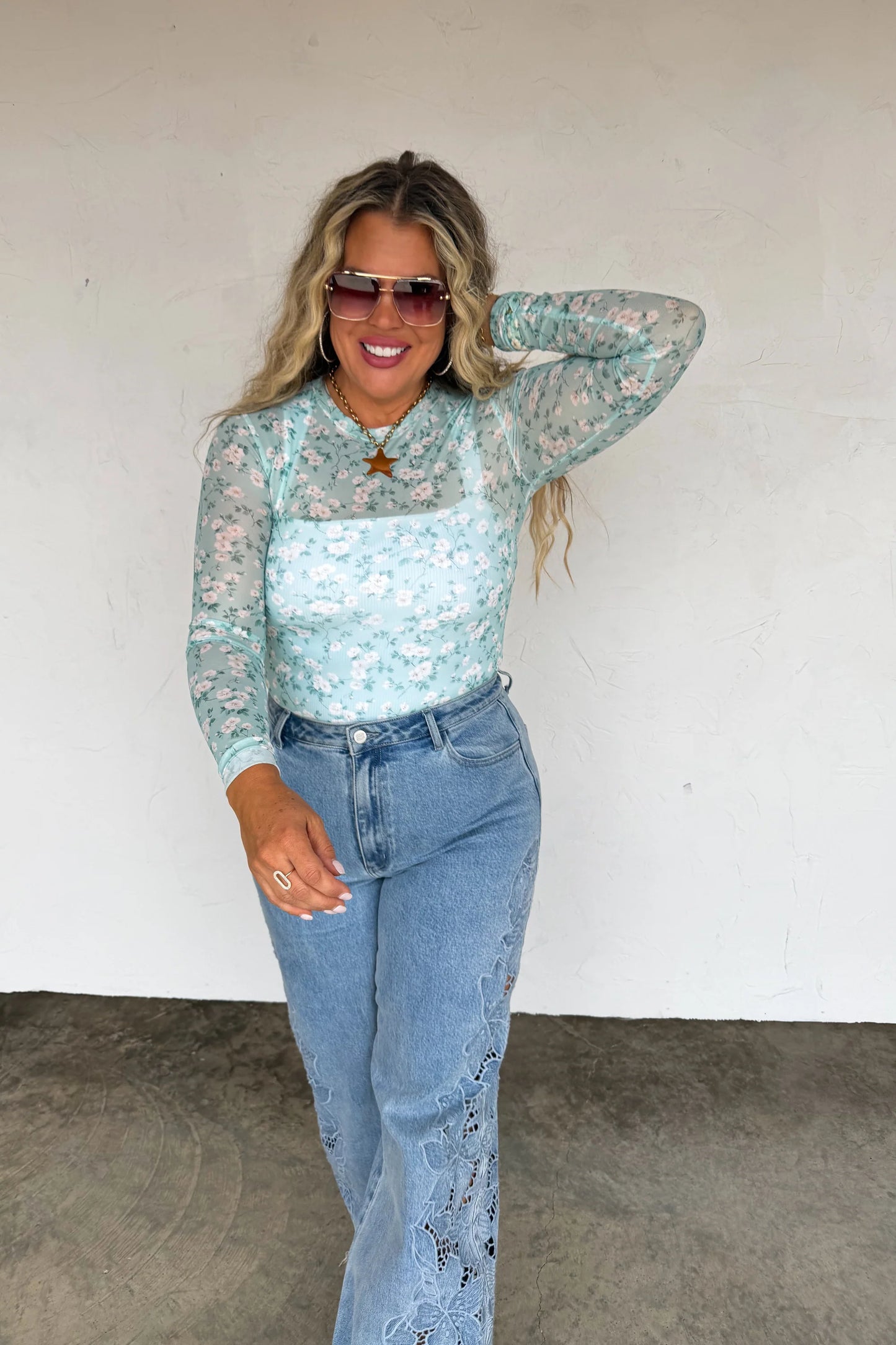 Teal Spring Mesh Top