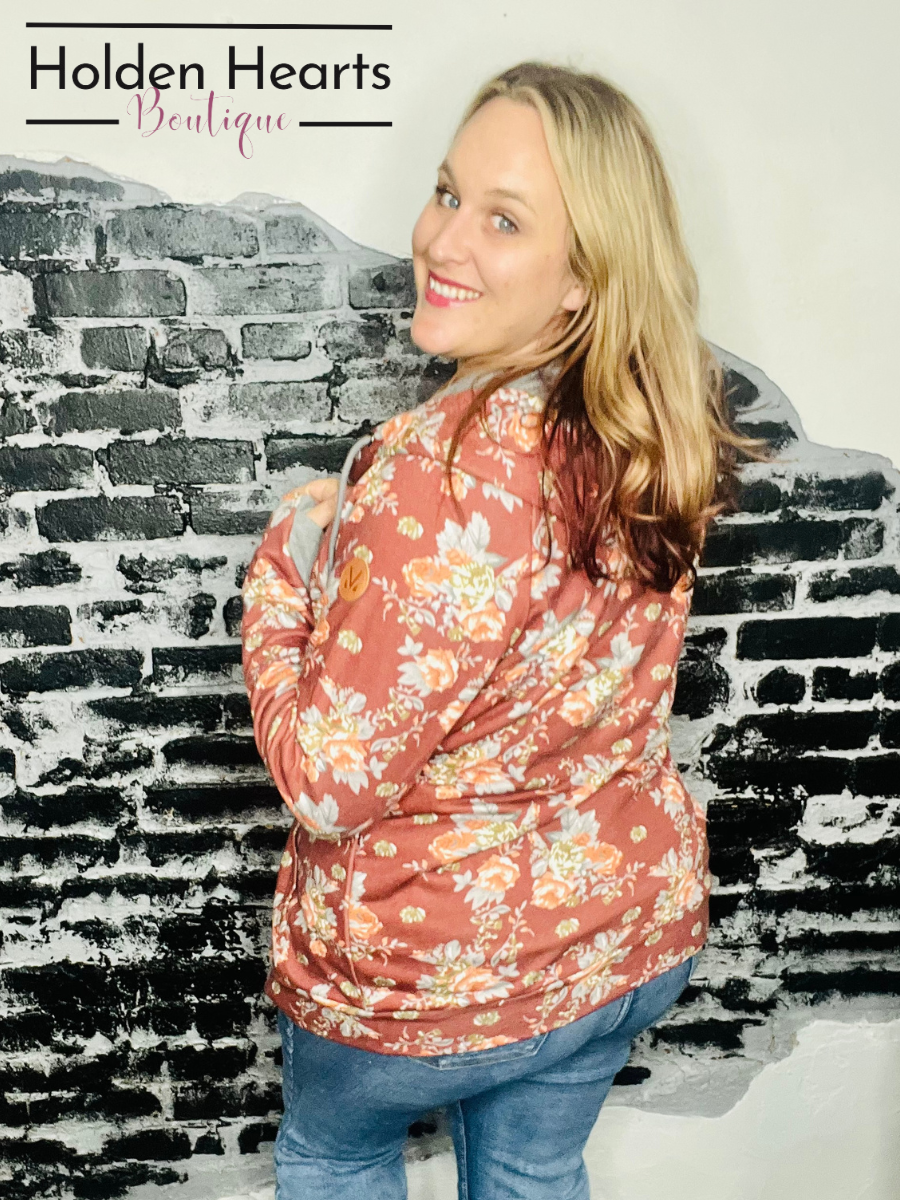 Rust Floral Full Zip Hoodie - Holden Hearts