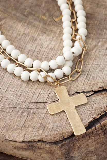 Multi Strand Wood Beads Short Statement Cross Necklace Cream - Holden Hearts