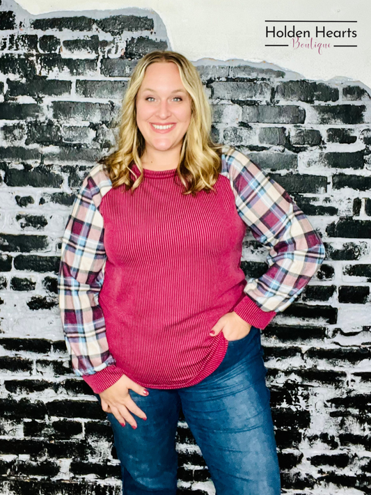 Burgundy Urban Ribbed And Plaid Top - Holden Hearts