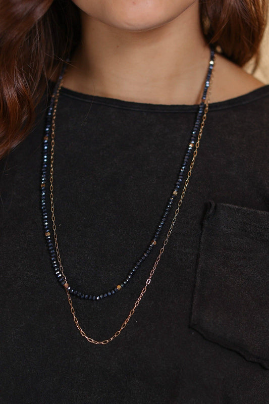 Glitz, Glam, Simple Strands Double Beaded Navy Blue Necklace with A Gold Chain - Holden Hearts