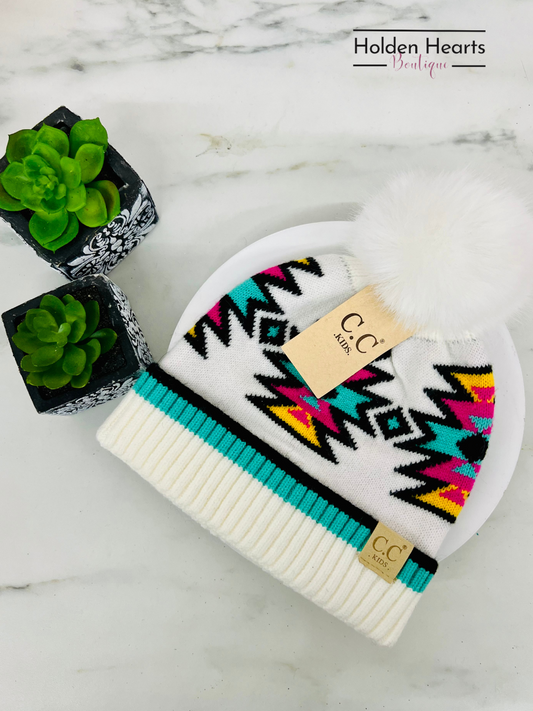 Kids' Southwestern C.C Beanie with Faux Fur Pom - Holden Hearts
