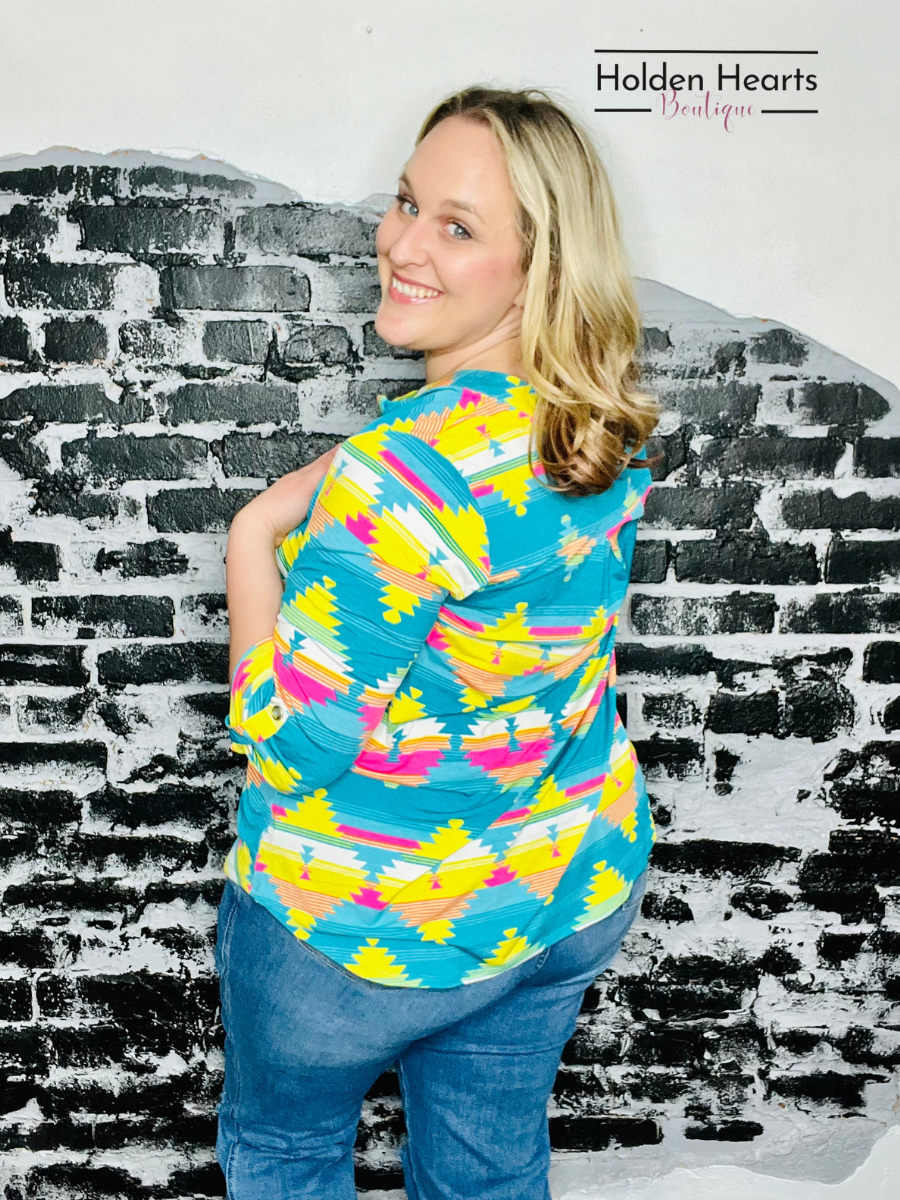 Teal Aztec Lizzy 3/4 Sleeve Top - Holden Hearts