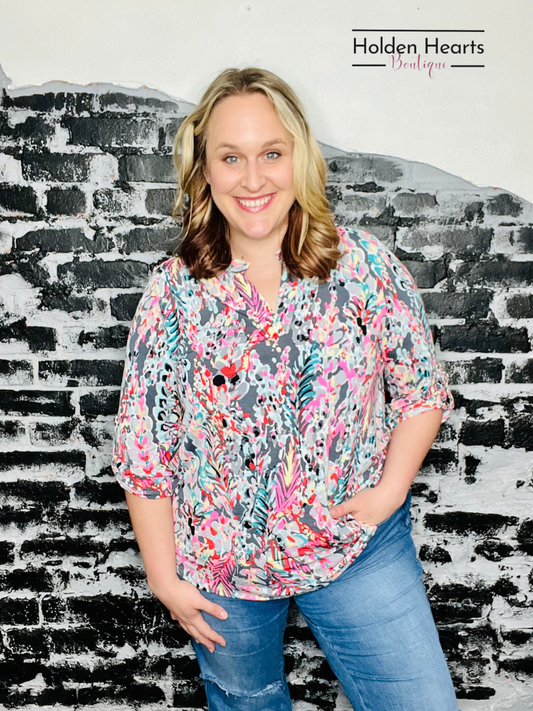Grey Multi Lizzy 3/4 Sleeve Top - Holden Hearts