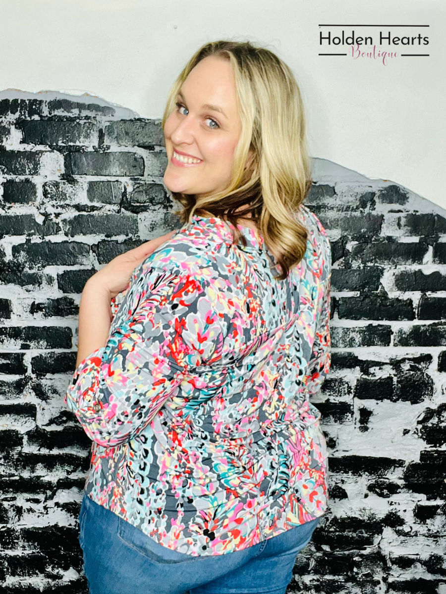 Grey Multi Lizzy 3/4 Sleeve Top - Holden Hearts