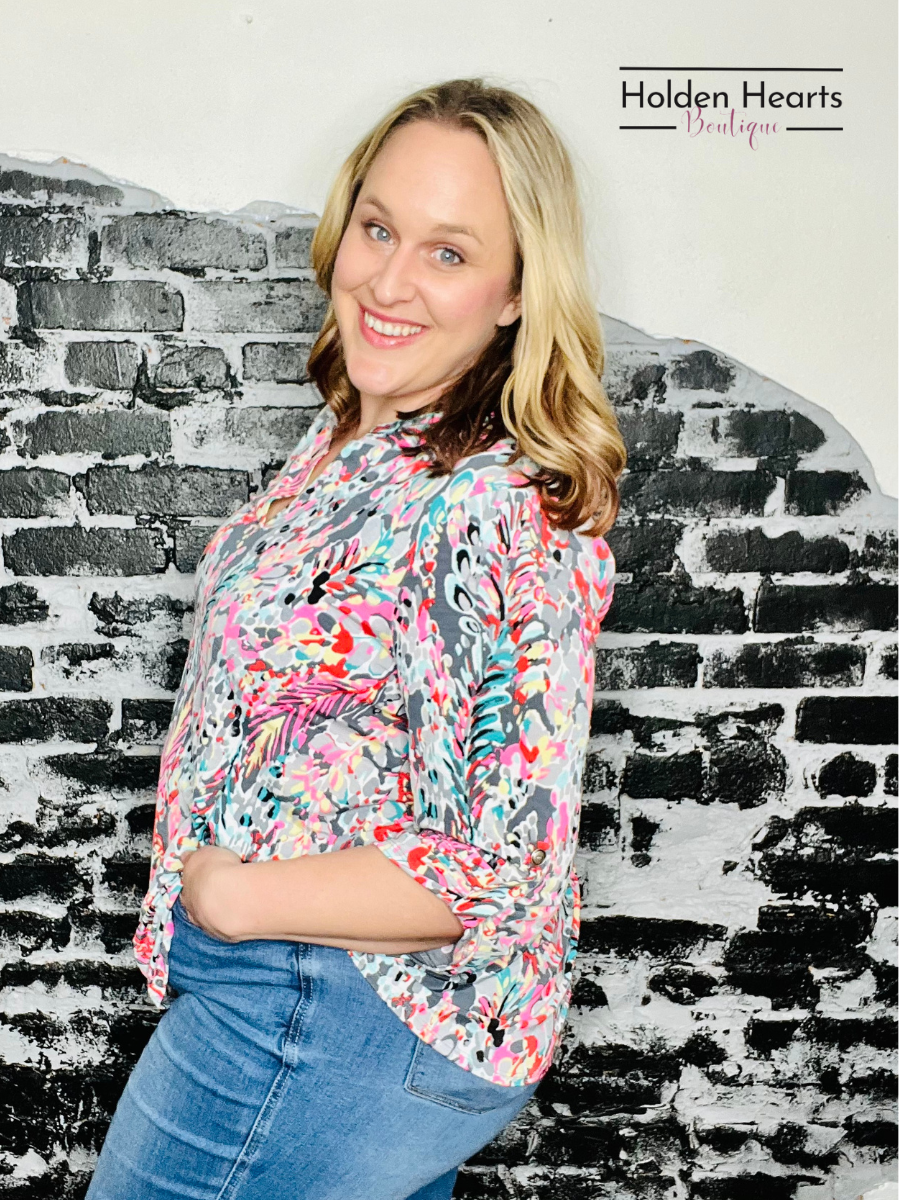 Grey Multi Lizzy 3/4 Sleeve Top - Holden Hearts