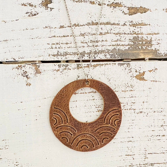 Necklace: Embossed Large Rainbow Circle Vintage Cowboy Brown - Holden Hearts
