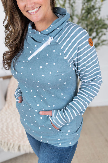 IN STOCK Zoey ZipCowl Sweatshirt - Teal Dots and Stripes FINAL SALE