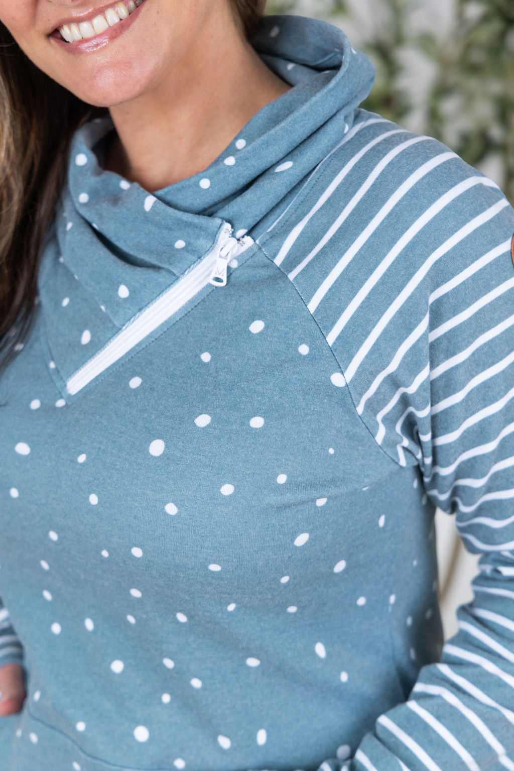 IN STOCK Zoey ZipCowl Sweatshirt - Teal Dots and Stripes FINAL SALE