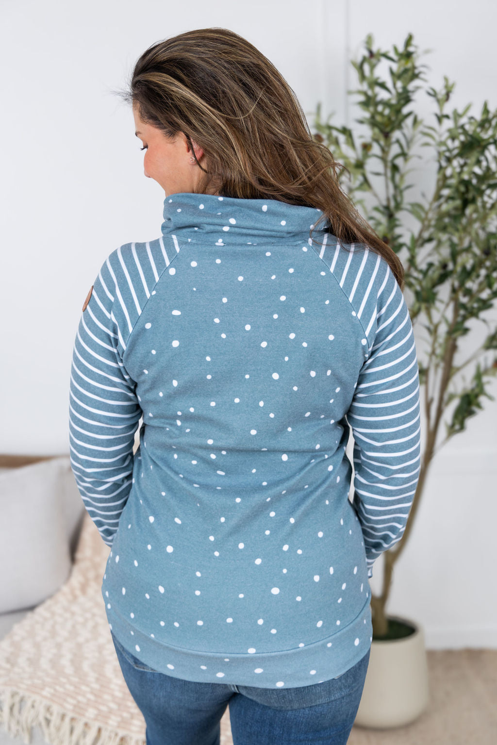 IN STOCK Zoey ZipCowl Sweatshirt - Teal Dots and Stripes FINAL SALE
