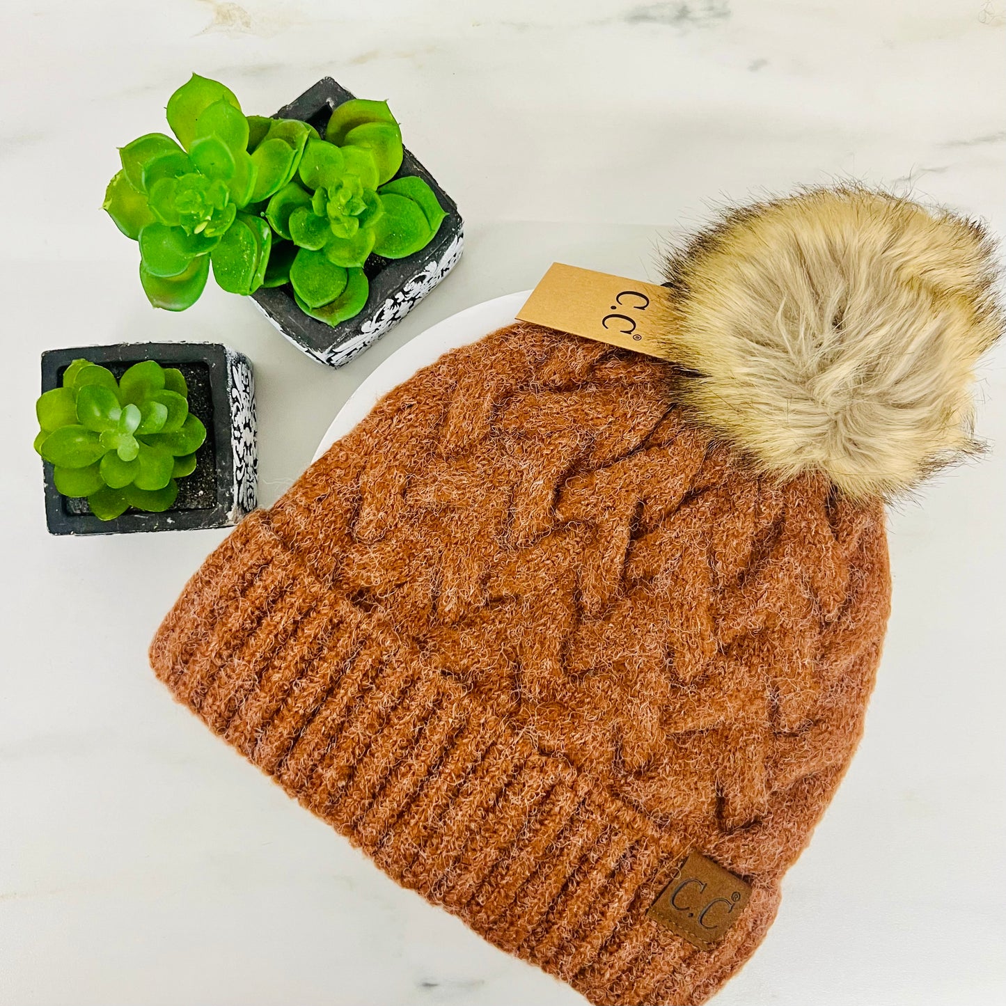 Chunky Braided Cable Knit Fur Pom C.C Beanie HAT7384