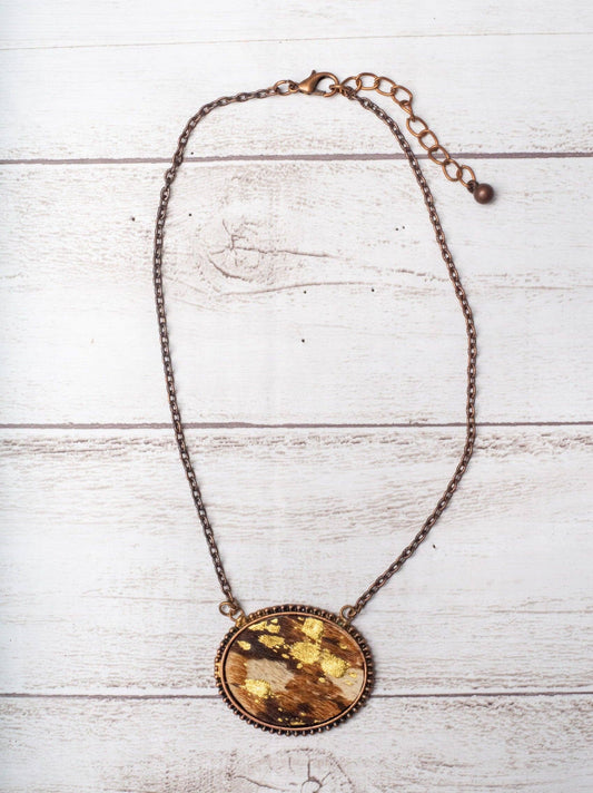 I DANCE COUNTRY & WESTERN GOLD FOIL BROWN COWHIDE OVAL PENDANT VINTAGE COPPER NECKLACE - Holden Hearts