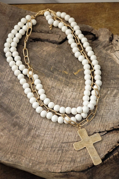 Multi Strand Wood Beads Short Statement Cross Necklace Cream - Holden Hearts