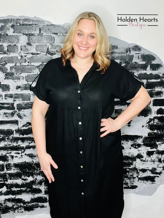 Out for a Picnic Black Linen Dress - Holden Hearts