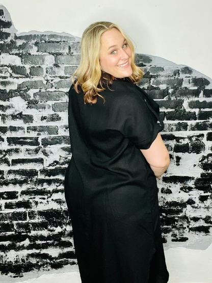 Out for a Picnic Black Linen Dress - Holden Hearts