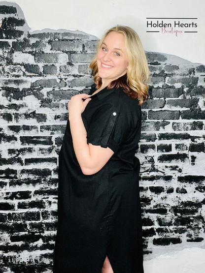 Out for a Picnic Black Linen Dress - Holden Hearts