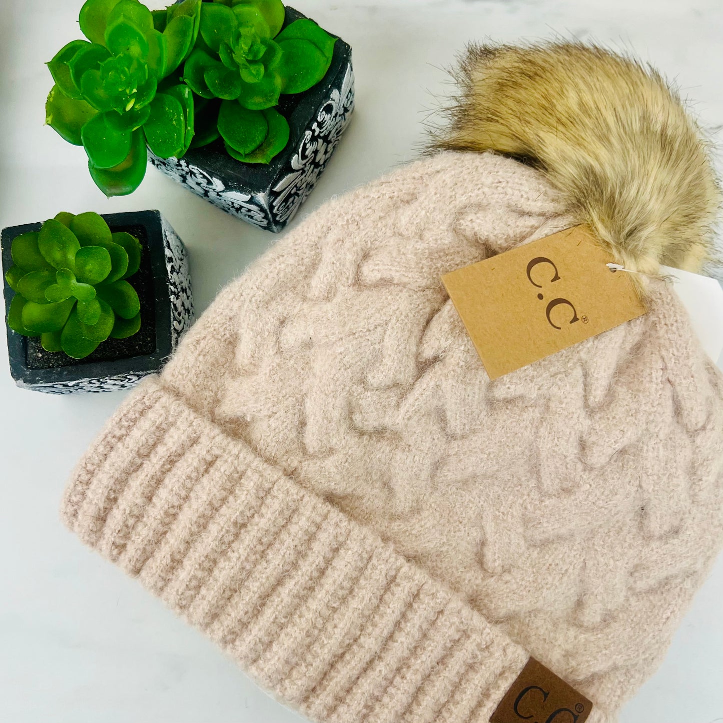 Chunky Braided Cable Knit Fur Pom C.C Beanie HAT7384