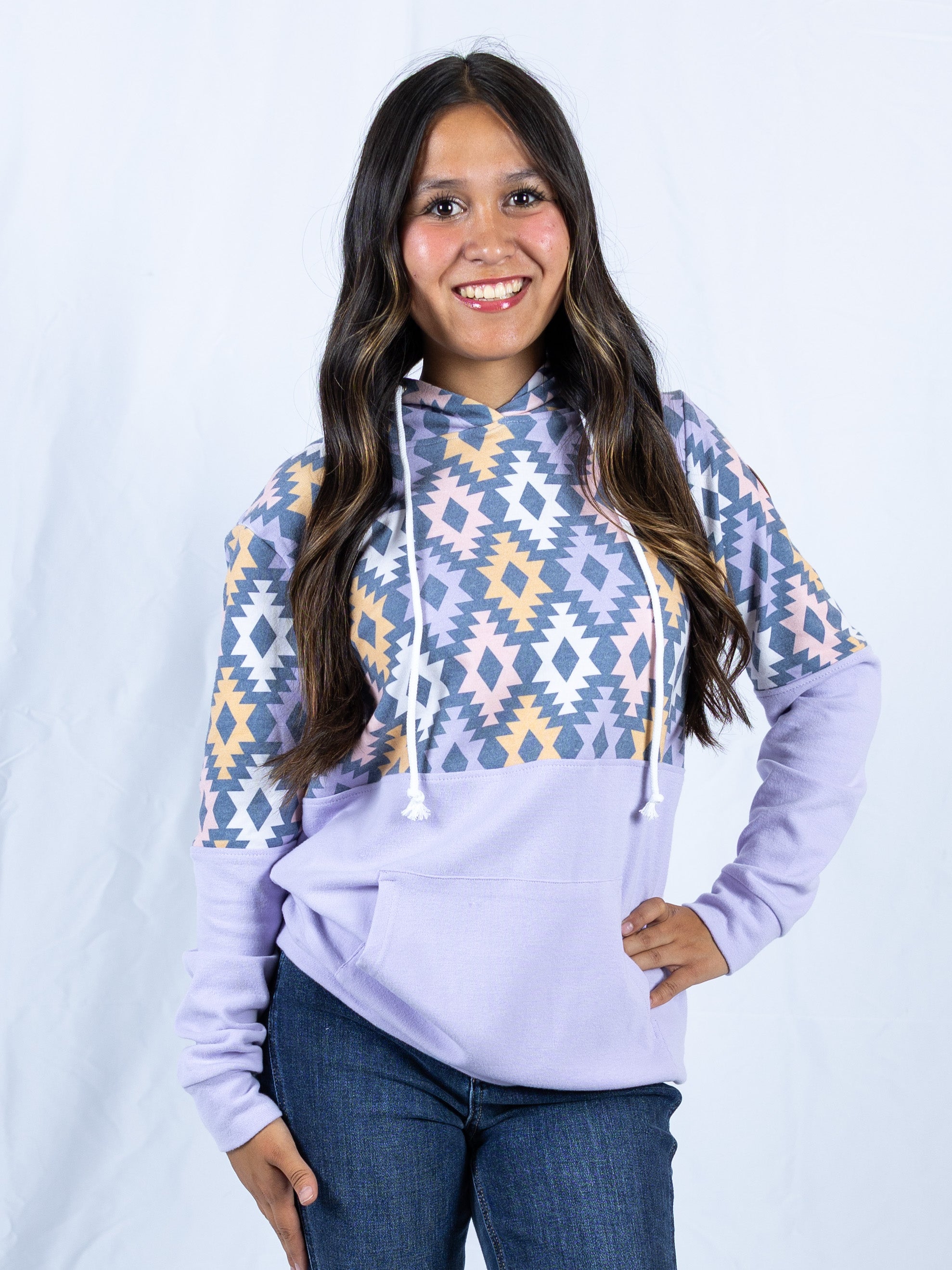 Hailey Pullover Hoodie - Lavender and Dark Geometric