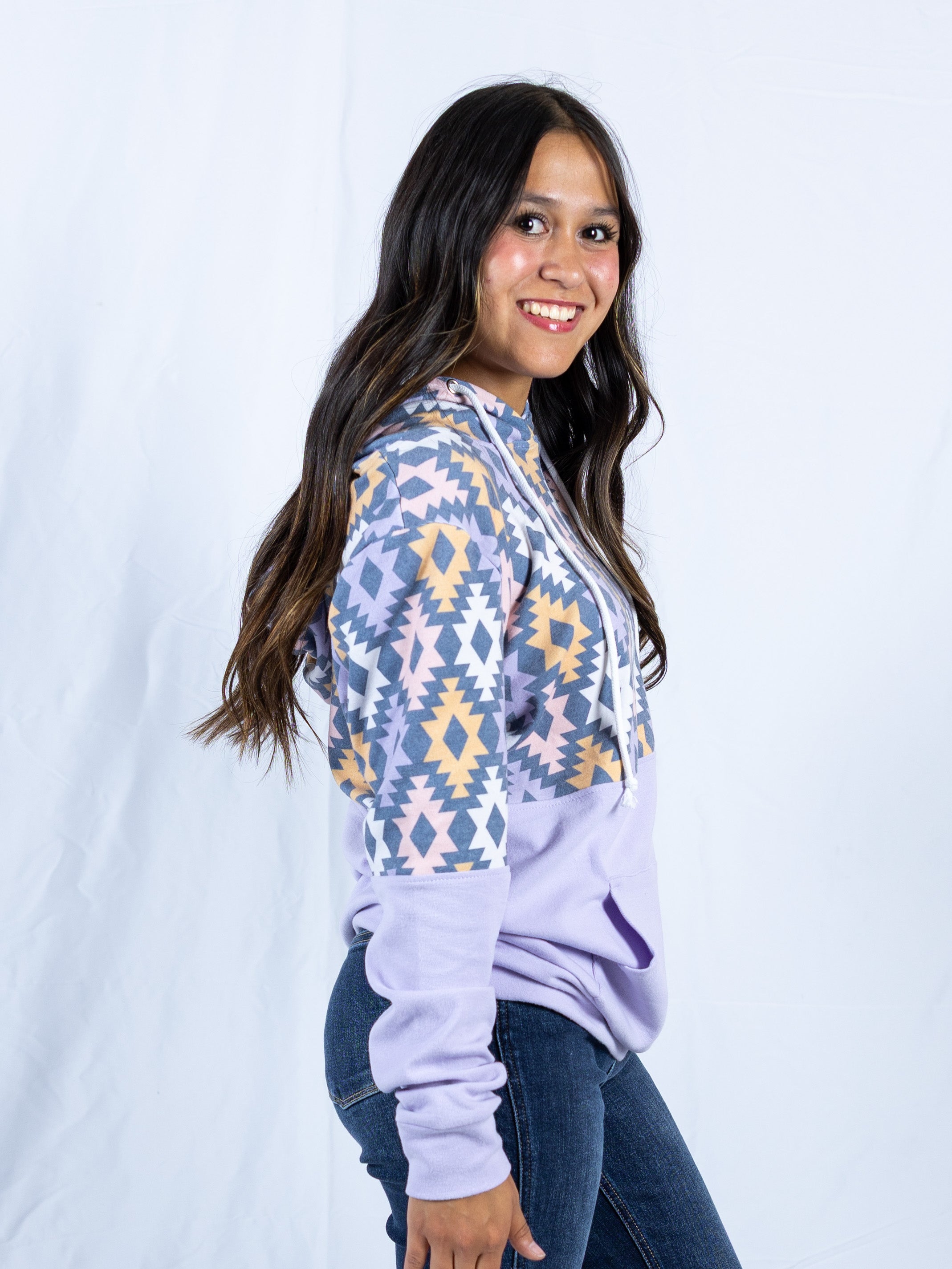 Hailey Pullover Hoodie - Lavender and Dark Geometric