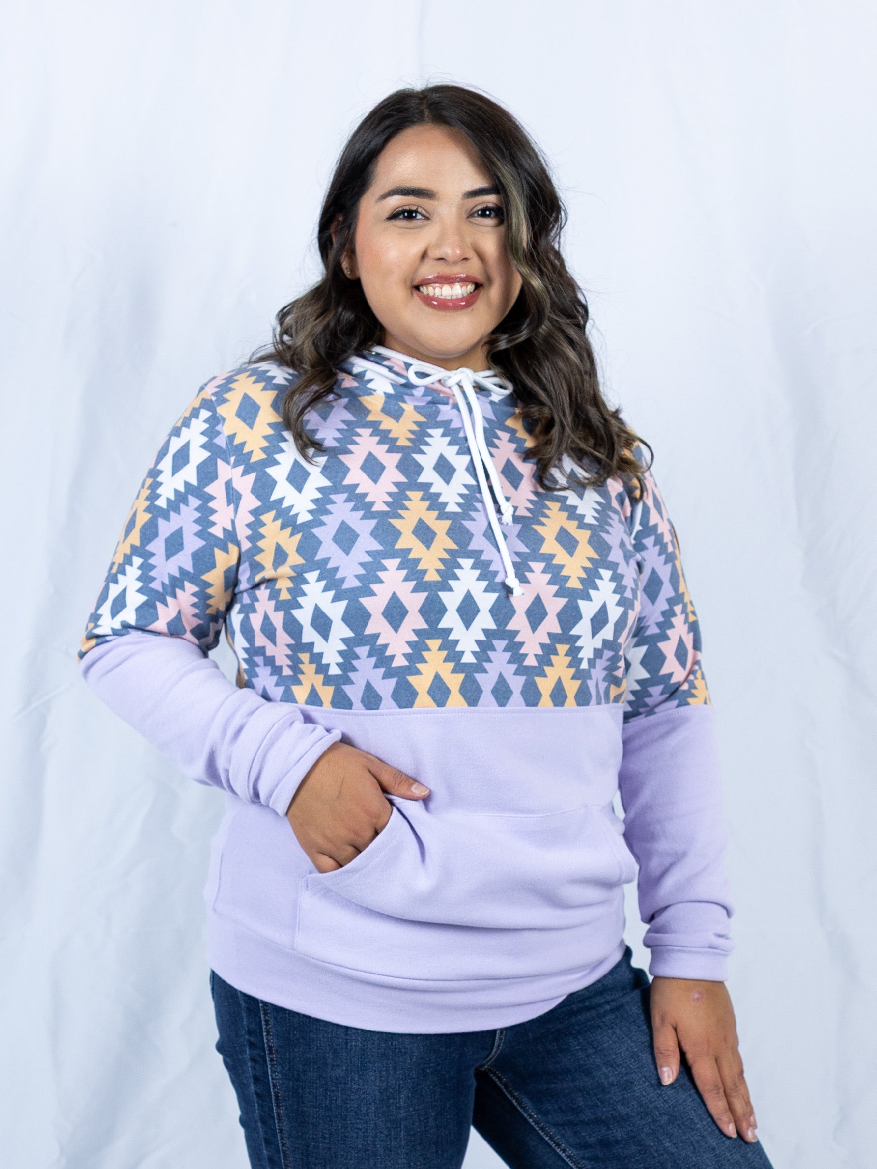 Hailey Pullover Hoodie - Lavender and Dark Geometric