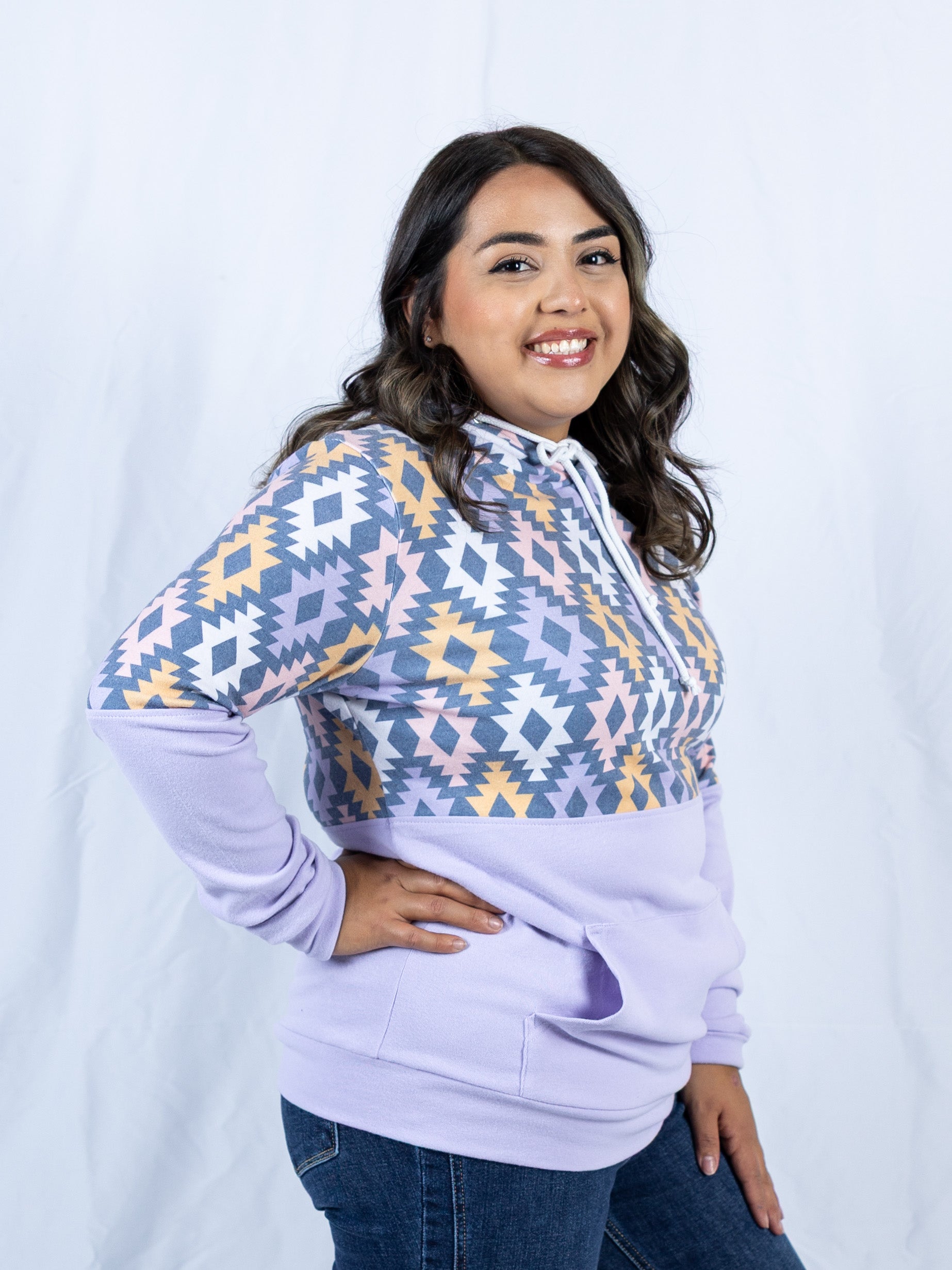 Hailey Pullover Hoodie - Lavender and Dark Geometric