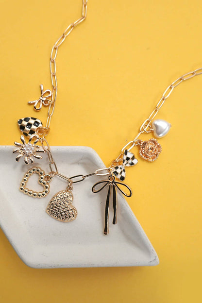 CHARM NECKLACE-BOW CHECKER HEART FLORAL |  80N91685