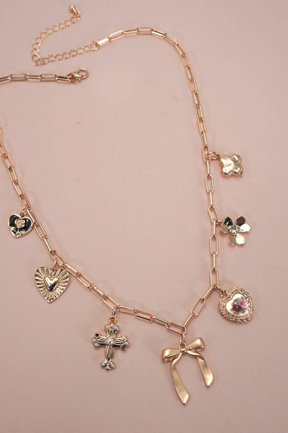 CHARM NECKLACE-PORCELAIN FLORAL BOW CROSS HEART | 80N92151