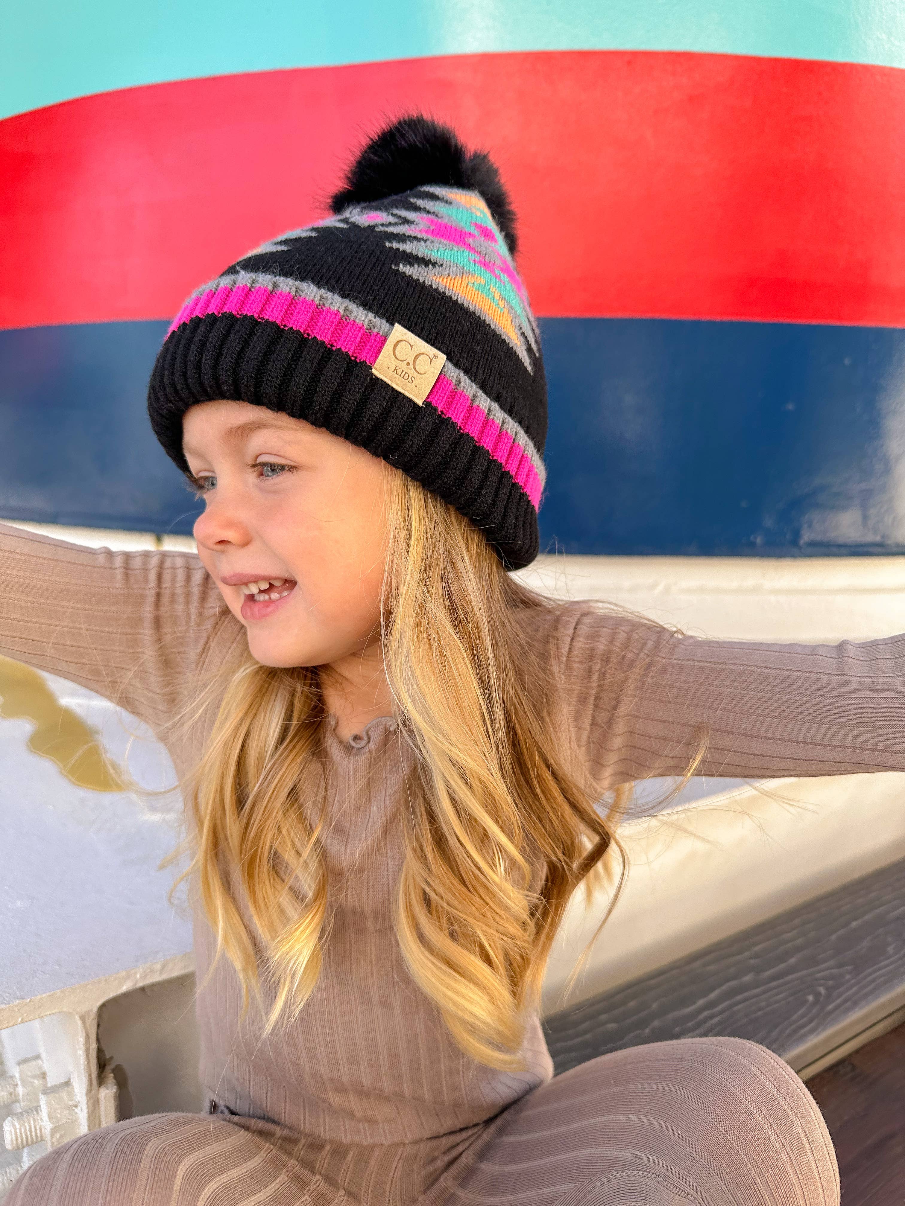 Kids' Southwestern C.C Beanie with Faux Fur Pom - Holden Hearts