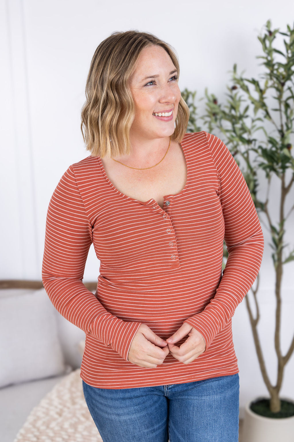 IN STOCK Striped Henley Long Sleeve - Terra Cotta FINAL SALE