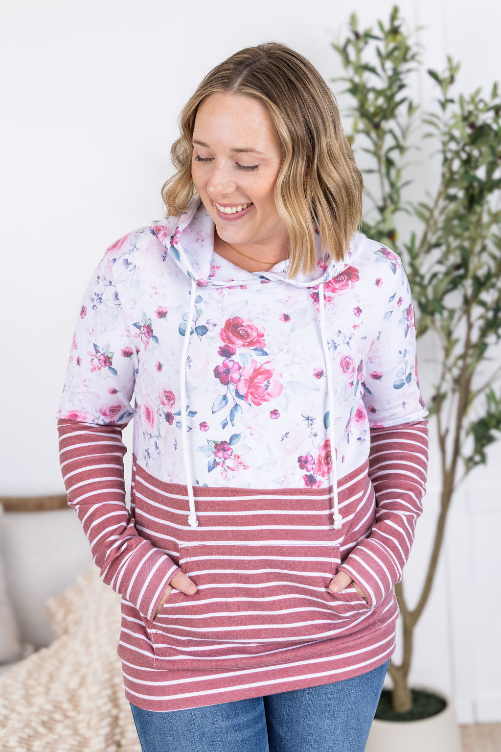 IN STOCK Hailey Pullover Hoodie - Pink Bloom and Stripes FINAL SALE