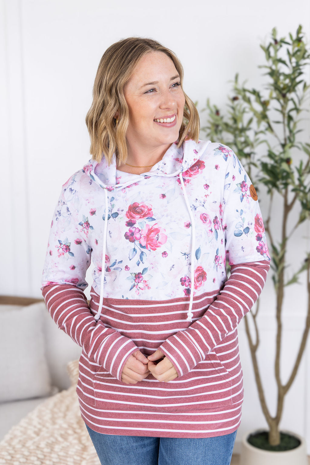 IN STOCK Hailey Pullover Hoodie - Pink Bloom and Stripes FINAL SALE
