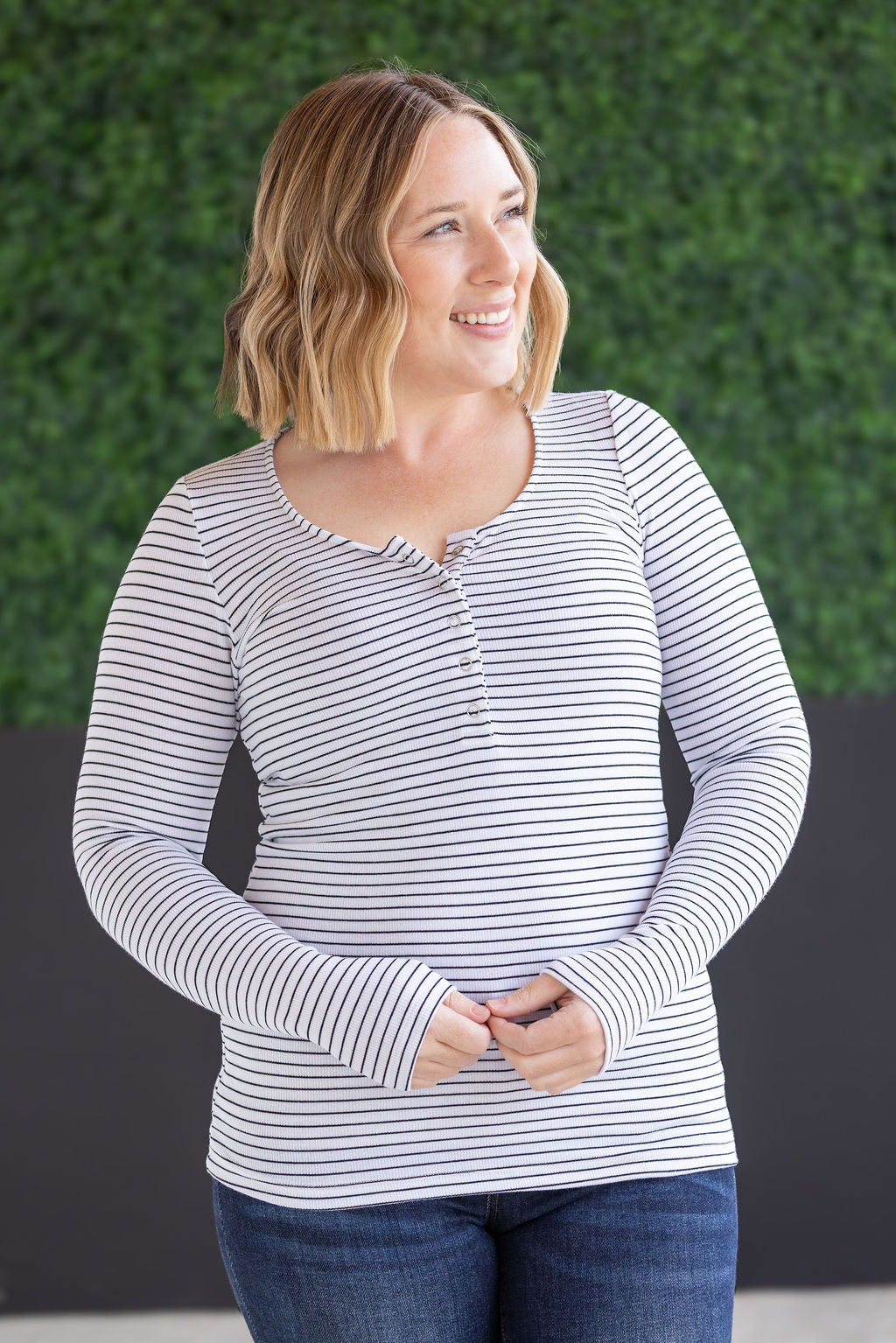 SOLD OUT Striped Henley Long Sleeve - White FINAL SALE